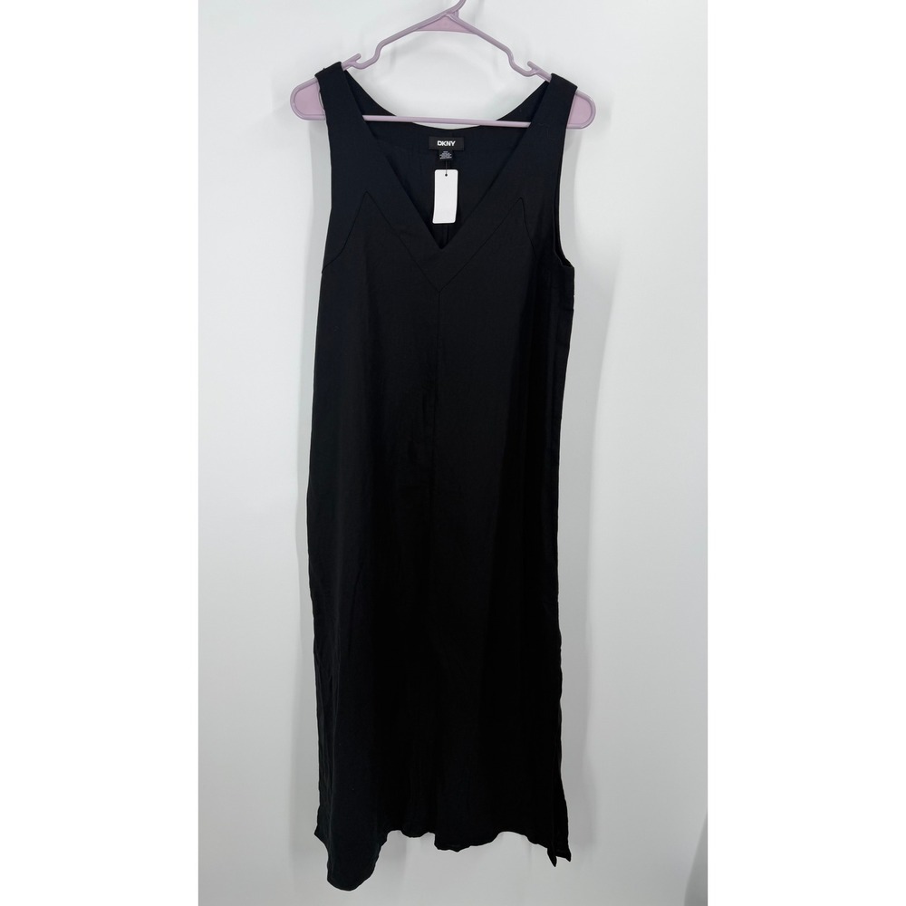 DKNY Maxi Dress Women Medium Black Linen Blend Sleevelxess V-Neck Vacation